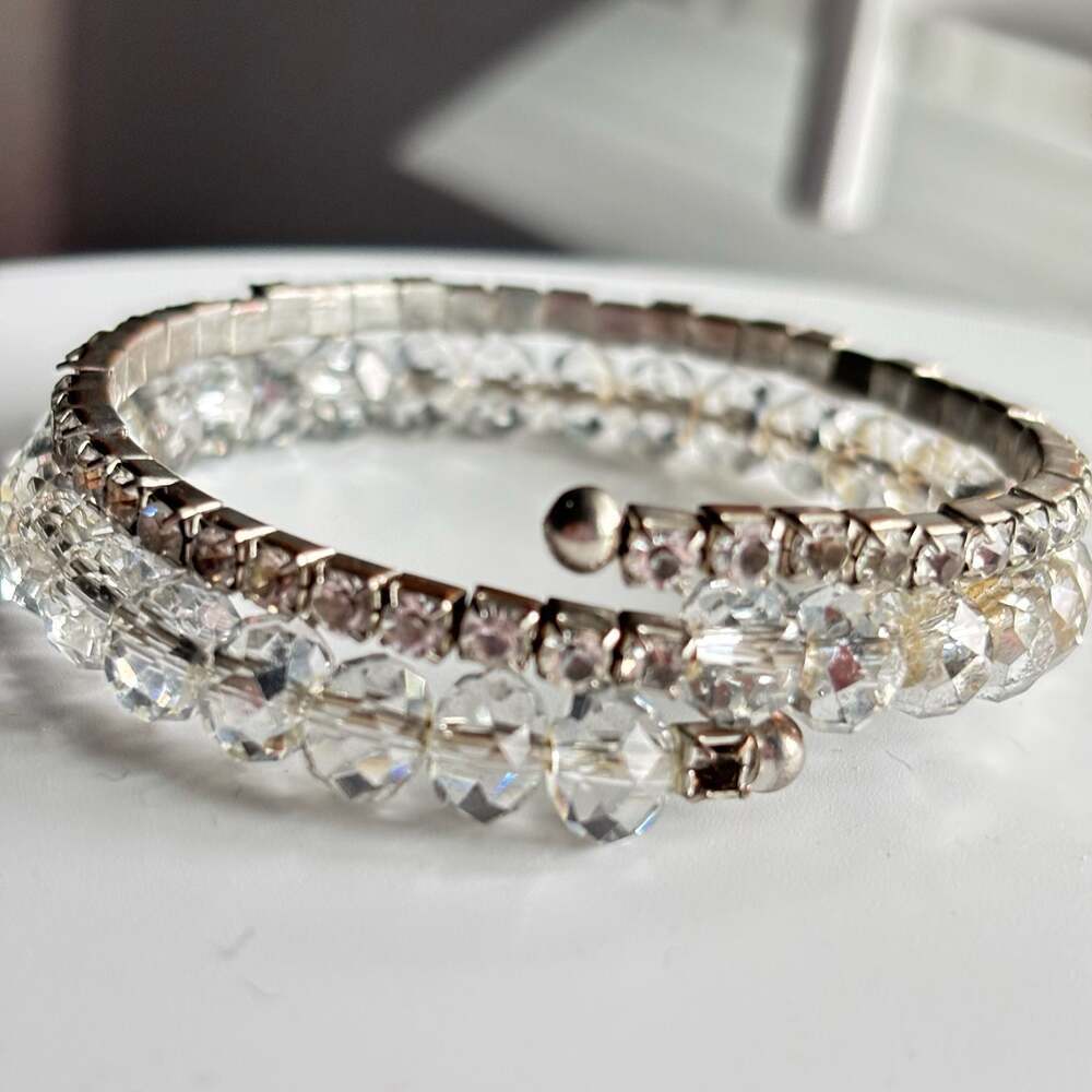 Vintage Double Row Clear Rhinestone Set Cuff Bangle, 50s 60s Jewellery